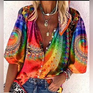 NWT 3/4 Sleeve Colorful Graphic Button up Shirt